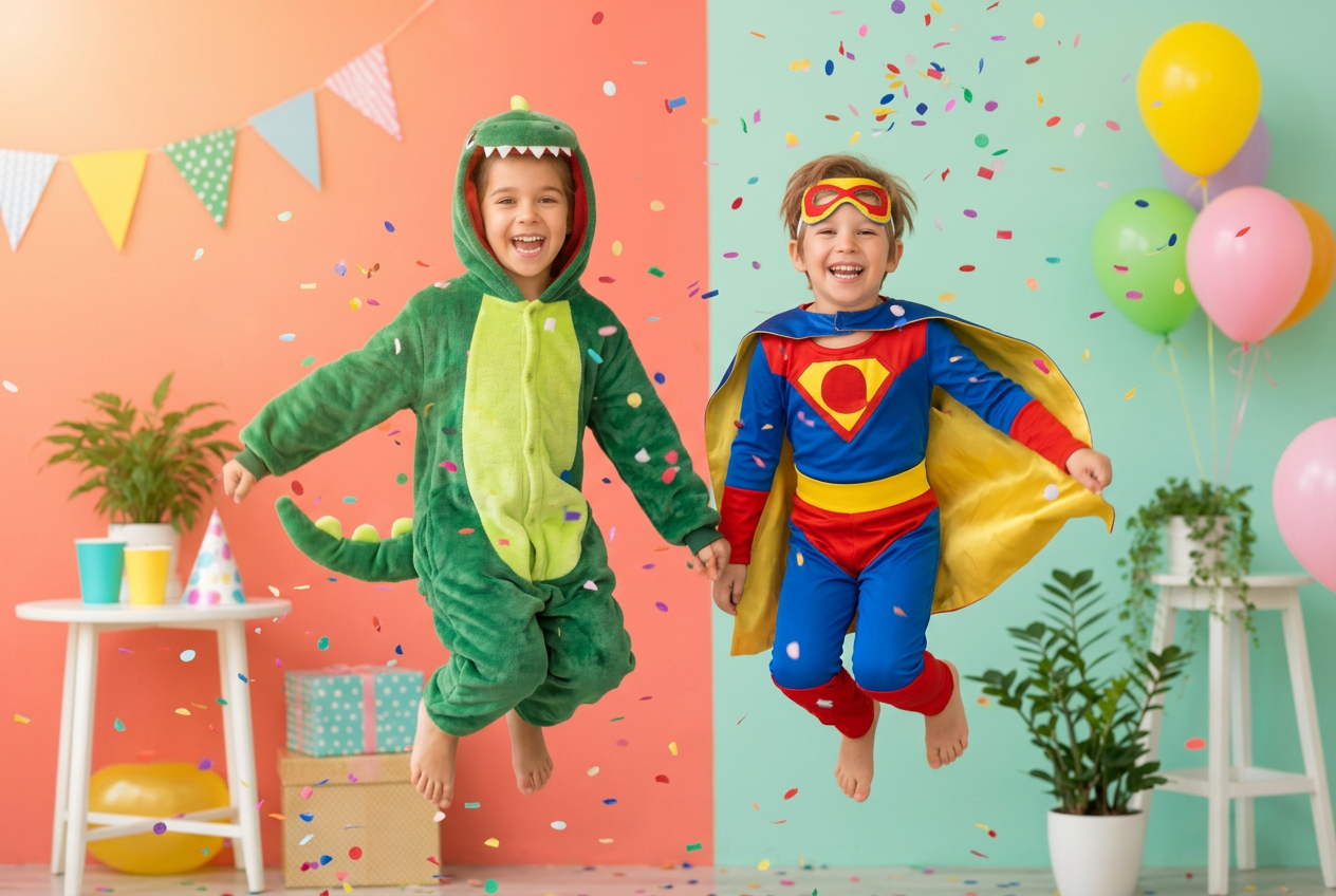 Two kids leaping with joy at a party — one in a green dinosaur onesie, one in a superhero costume — under a shower of confetti